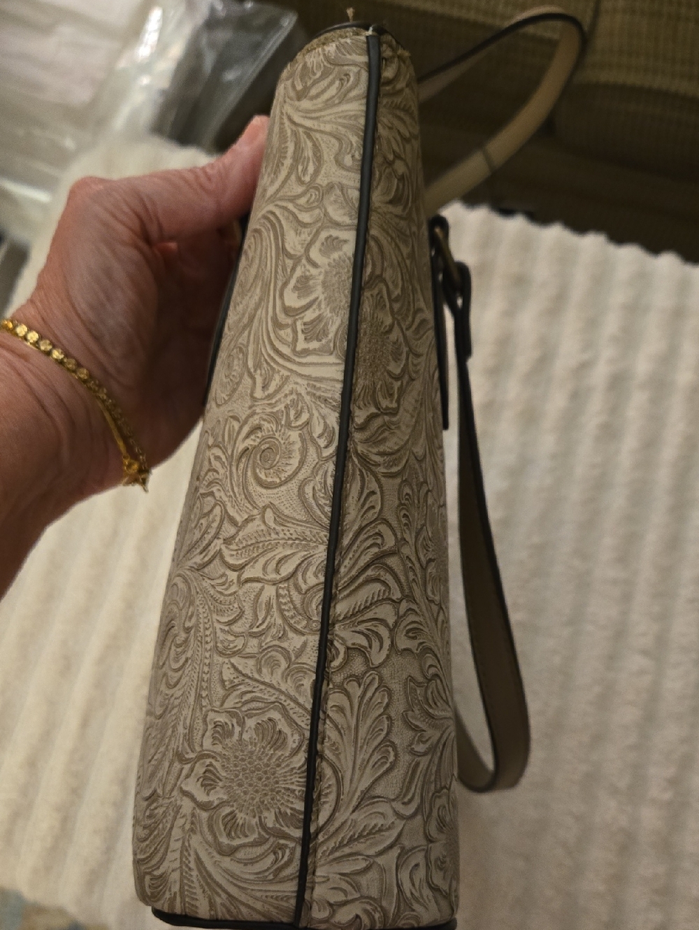 Taupe Floral Embossed Tote with Turquoise Accent - Picture 4 of 4